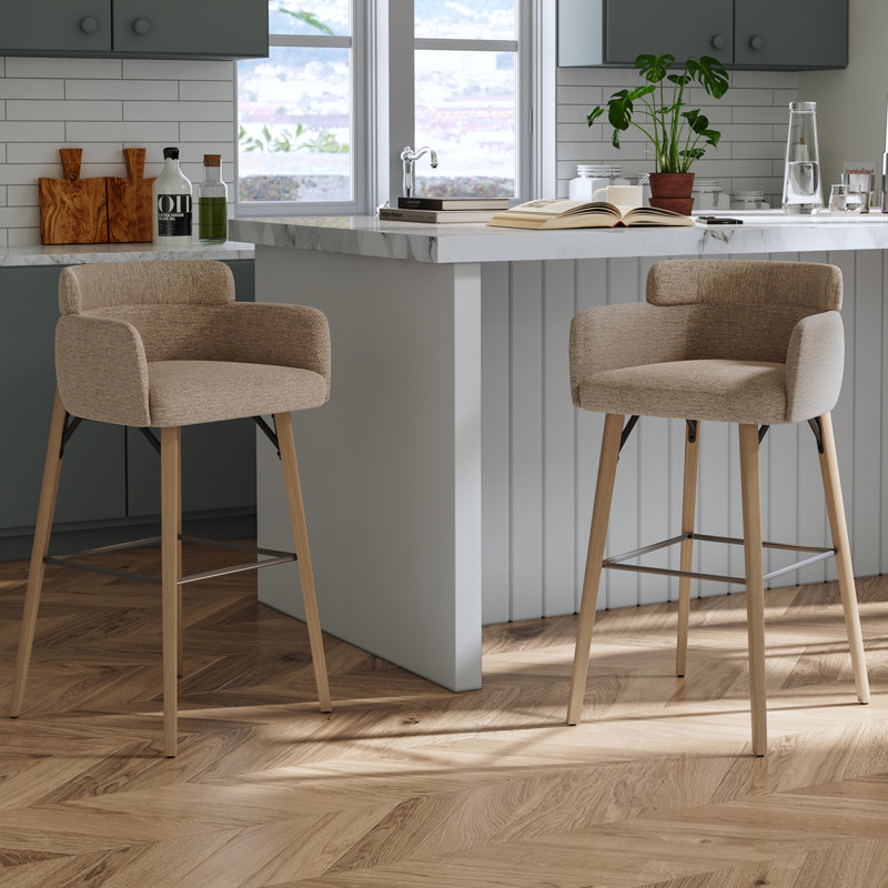 Modern 30" Bar Stool with Upholstered Barrel Back and Solid Wood Legs, Brown