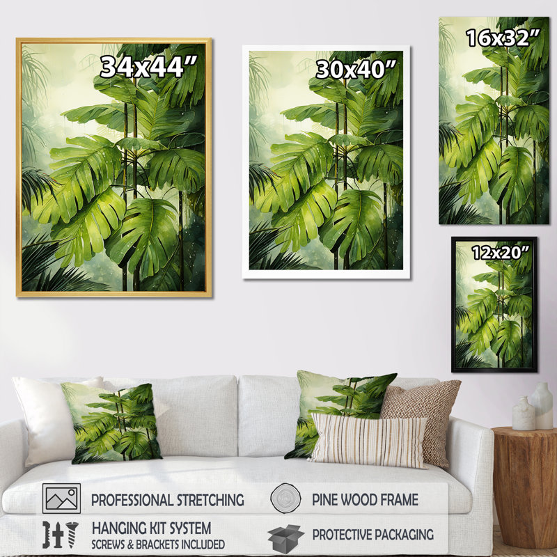 «Mossy Morning Palms II», reproduction sur toile, Cadre flottant blanc, H 32 po x l 16 po x P 1 po