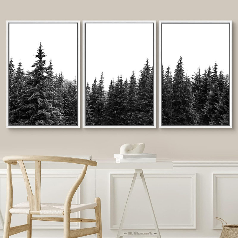 "Woodland Nursery Decor" noir et blanc, forêt, photo, nature, illustrations abstraites encadrées sur toile, 3 pièces