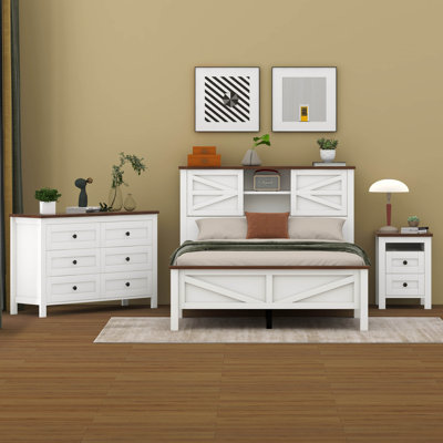 Jarrid 3-Pieces Sets Full Farmhouse Bed with Double Sliding Door Headboard, Nightstand and Dresser