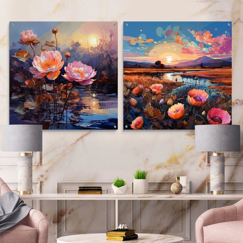«Mauve mauve Florescence II», ensemble de 2 verres muraux en acrylique, H 16 po x l 33 po