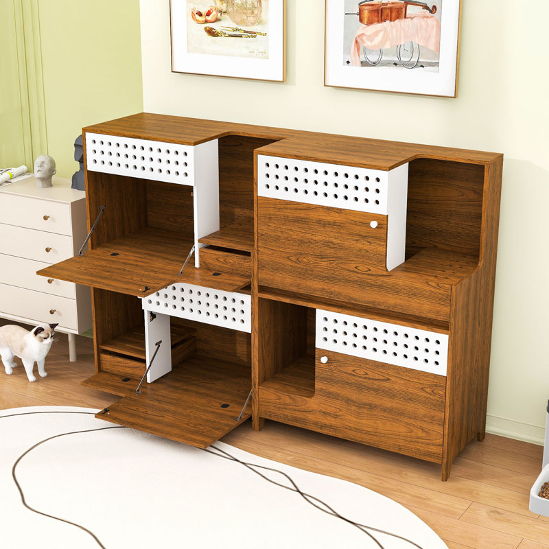 Ensemble de meubles pour chat 2 pièces, table d'appoint et bac à litière, maisonnette pour chat avec rangement, Brown