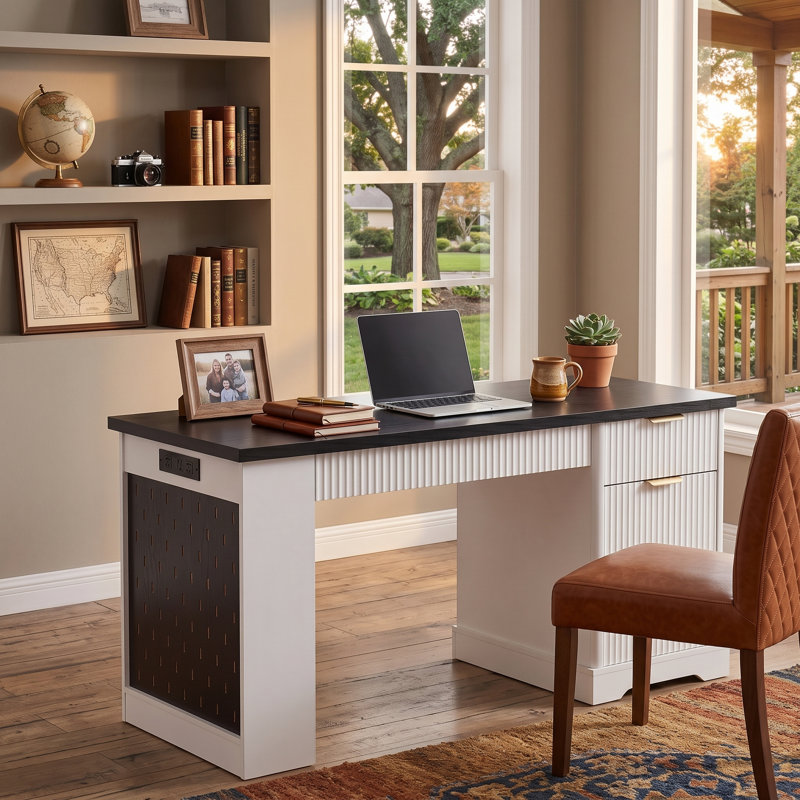 Bureau cannelé moderne 55 "avec prise de courant et armoire de rangement, blanc, Blanc