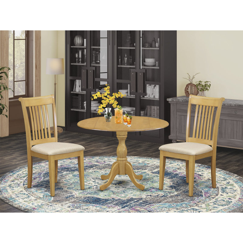 L'ensemble de table de salle à manger moderne 3 pièces comprend une table ronde en bois avec Dropleaf et 2 chaises de salle à manger rembourrées en tissu de lin, 42 x 42 pouces, chêne