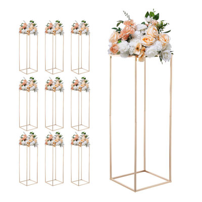 Wedding Flower Stand, 10PCS 31.5-inch Column Flower Stand, Floral Stands with Metal Laminate, Rectangular Floral Display Rack for Wedding, Party, Birthday, Home, French Gold Stands