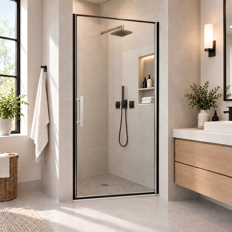 34" W x 72" H Frameless Pivot Shower Door with Reversible Opening, 1/4" Clear Tempered Glass and Safety Film