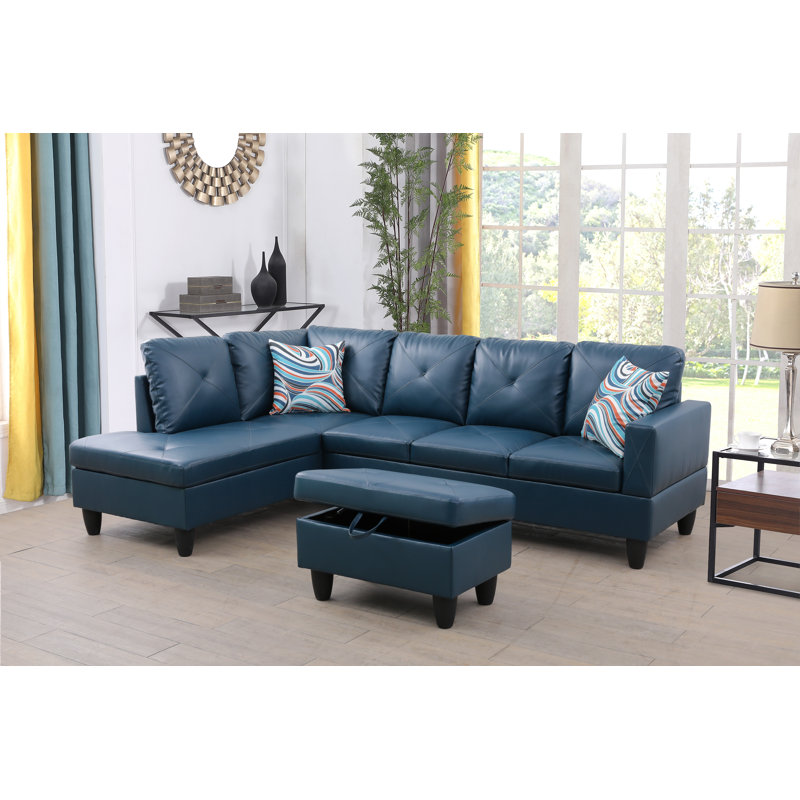 Deep Blue Faux Leather 3-Piece Sectional Sofa Set with Storage Ottoman, Night Forest Blue Faux Leather, Left Hand Facing