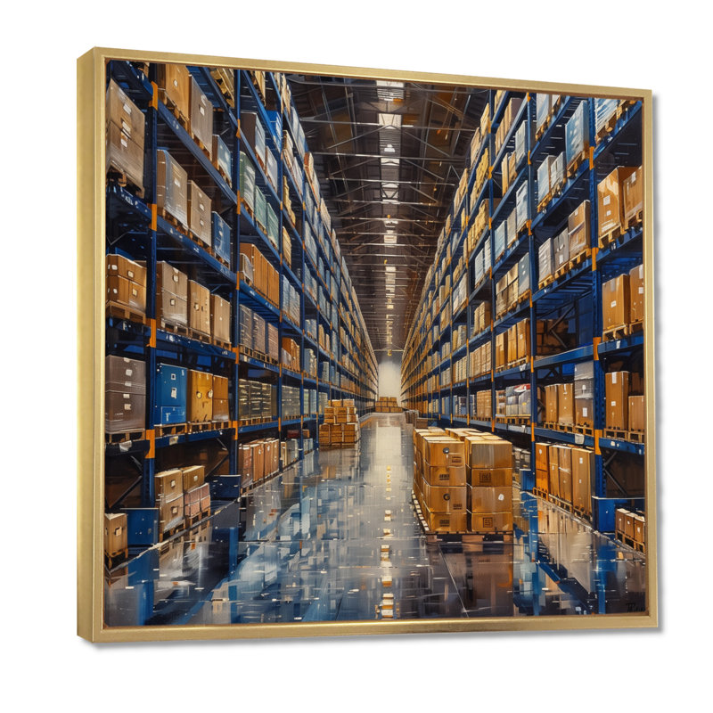 «Blue Warehouse», H 16 po x l 16 po, Cadre doré flottant, bois massif