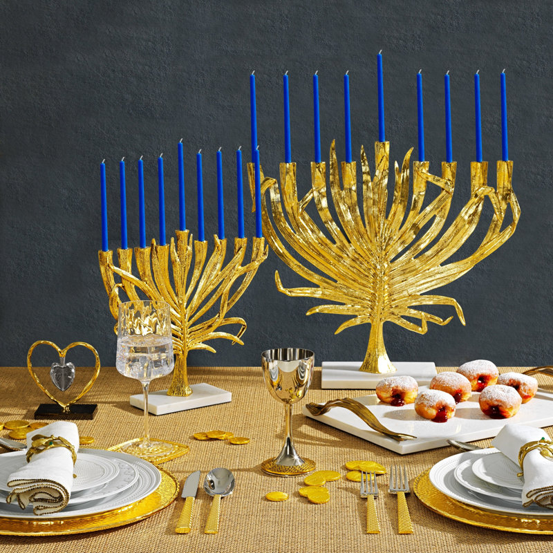 Palm Small Menorah, Antique Gold/White