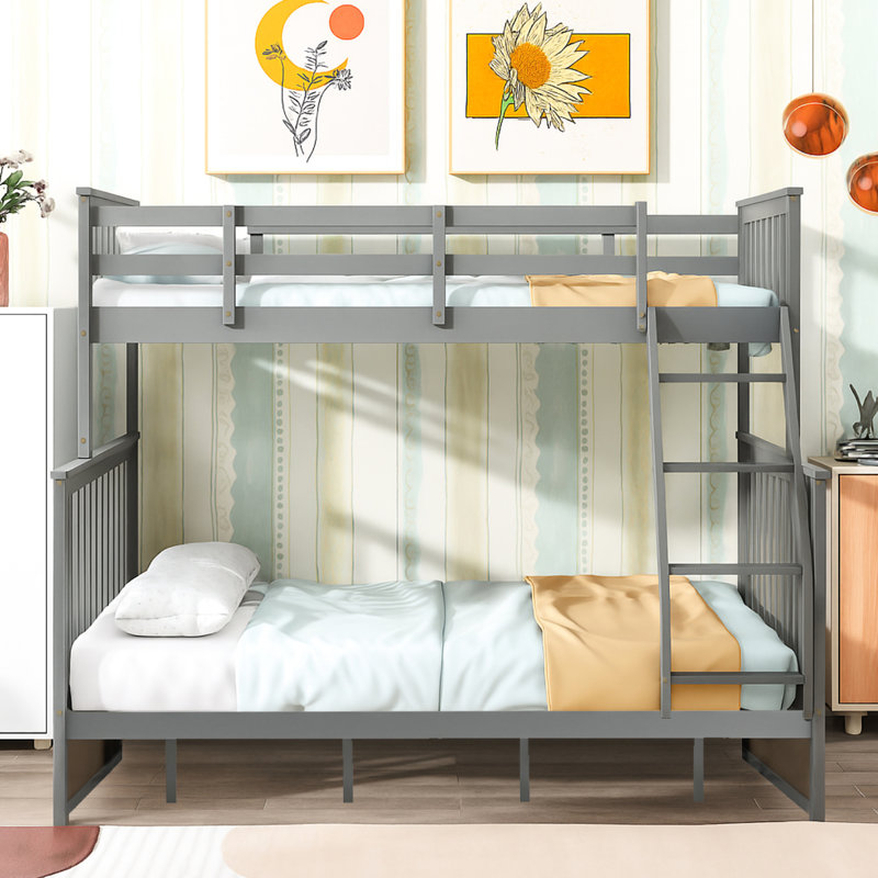 Twin Over Full Gray Bunk Bed Of Wood, Equipped With And Features, Strong Pine Build, Can Be Split Into Two For Added Convenience, No Spring Box Necessary, Top Handrail - Length Protection, Bottom
