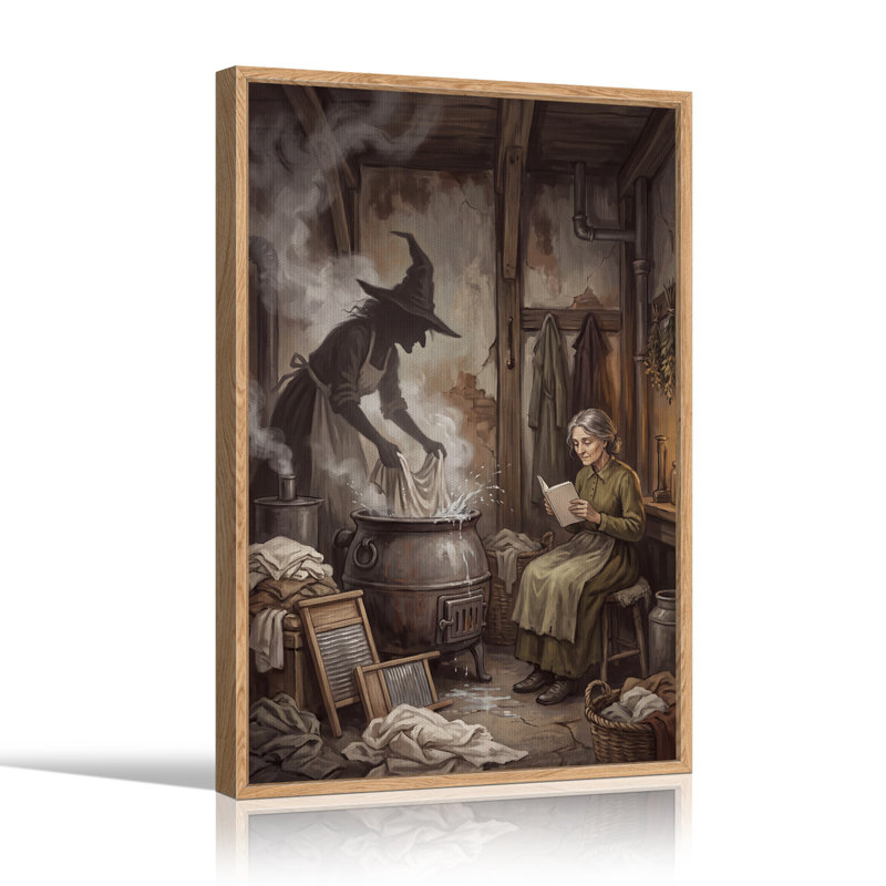Sorcière et femme dans une buanderie rustique - Toile murale d'Halloween, 48"H x 32"W