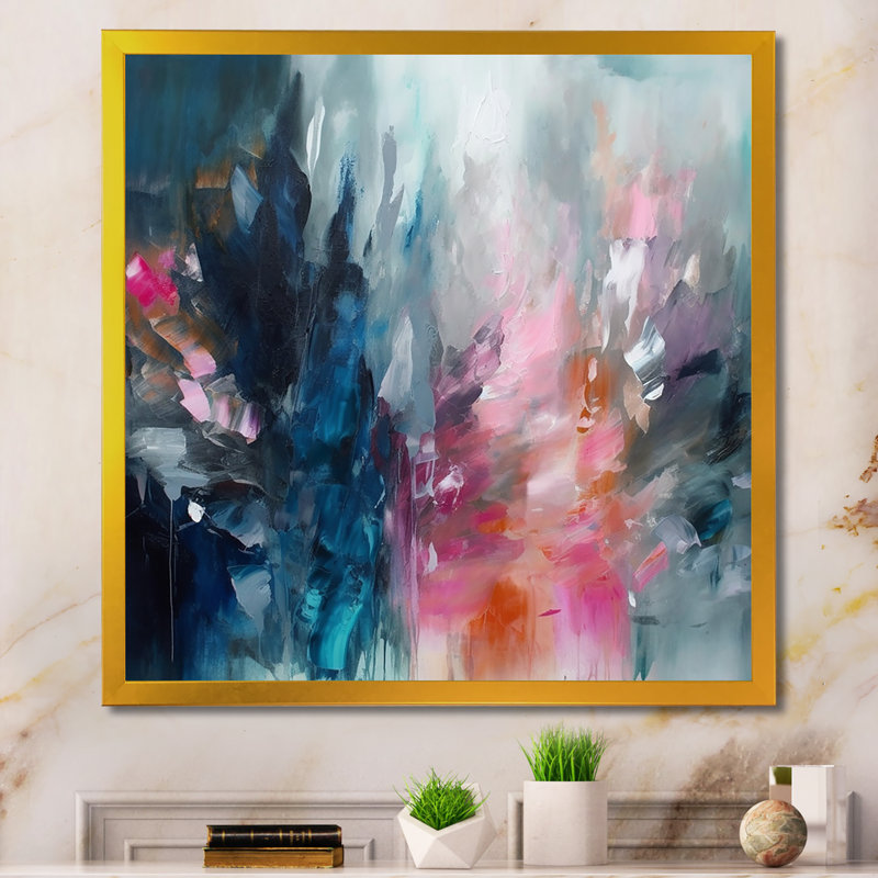 «Delvontae Blue and Pink Explosion Abstract», art mural abstrait, Impression encadrée, H 24 po x l 24 po, Doré