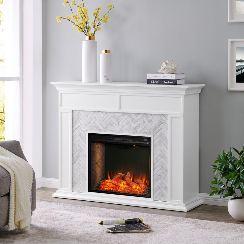 Brandy Tiled Marble Fireplace Mantel w/ Criss-Cross Electric Firebox