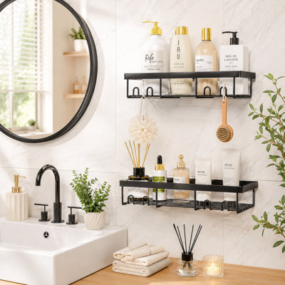 Panier de rangement noir auto-adhésif pour salle de bain, rangement mural de style campagnard, convenant à plusieurs cas de figure, y compris les appartements, les véhicules récréatifs et le camping.