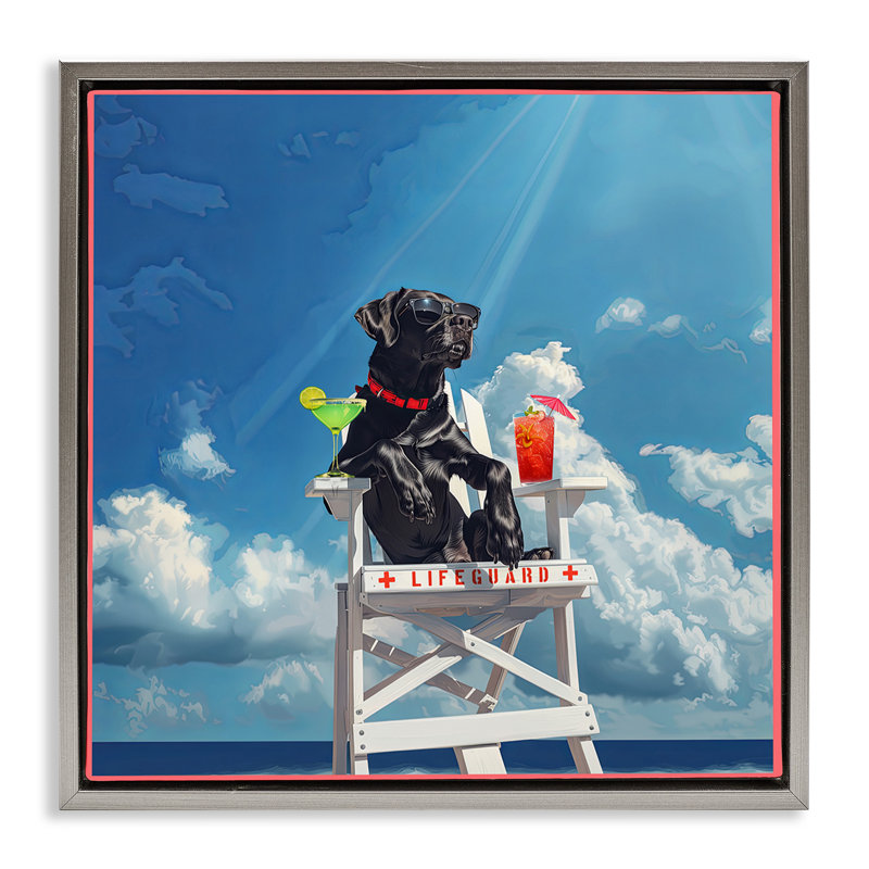 «Guard Dog Lifeguard», art mural encadré flottant par Jim Baldwin, H 25 po x l 25 po, Cadre flottant gris lustré