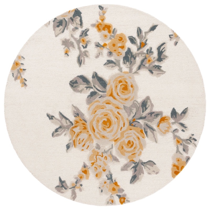 Jardin Hand Tufted Wool/Cotton Floral Rug in Ivory/Gold, Round 6'