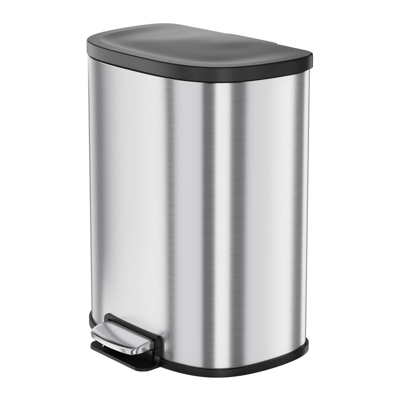 Stainless Steel D-Shape Trash Can 50L with Lid, Soft Close Step Garbage Can, Foot Pedal, Removable Inner Bucket for Kitchen Bathroom