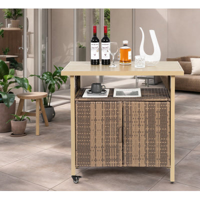 Outdoor Wicker Bar Cart, Patio Wine Serving Cart w/Wheels , Rolling Rattan Beverage Bar Counter Table w/Glass Top for Porch Backyard Garden Poolside Party, Light brown