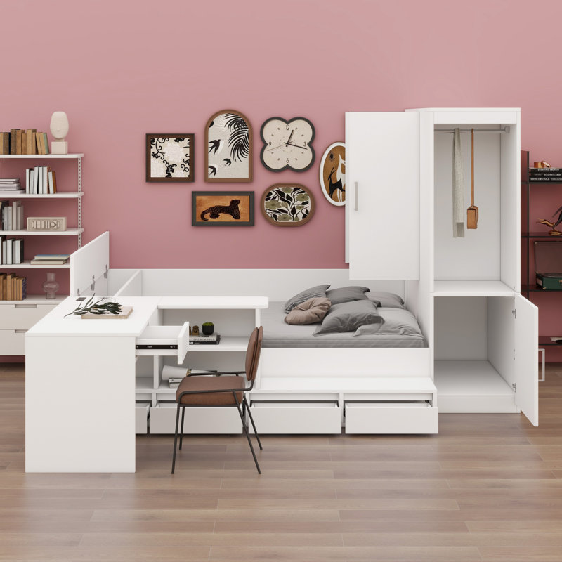 Lit plateforme en bois avec tiroirs, tablettes, bureau et garde-robe, Blanc