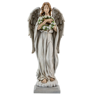 16'' H Stone-Finish Resin Angel Garden Statue with Floral Wreath