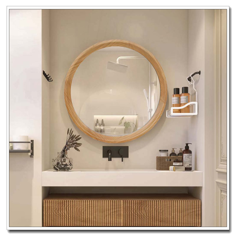 Miroir mural rond en bois naturel de style minimaliste facile à installer au mur
