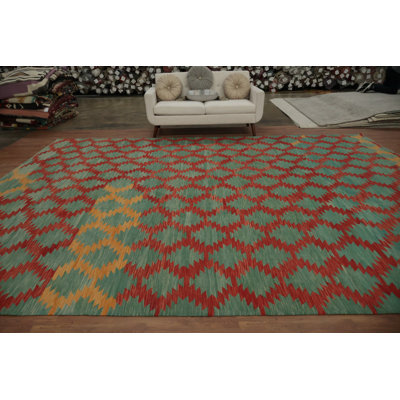 Green Modern Wool Kilim Turkish Large Rug 11x14
