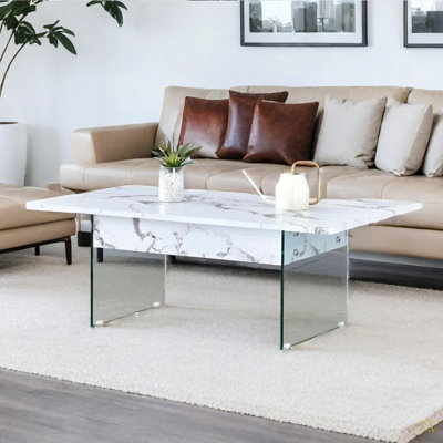 Table basse à plateau relevable multifonctionnel - motif marbre blanc