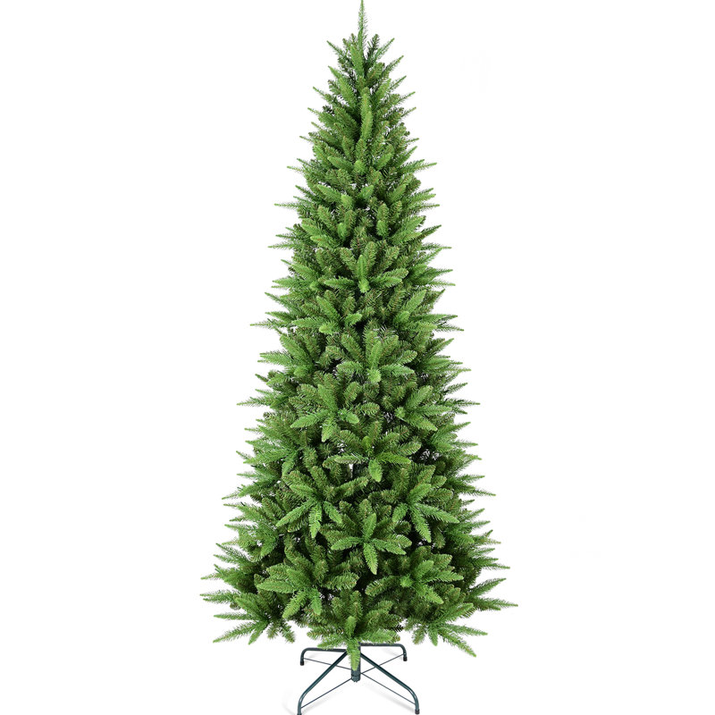 Arbre de Noël élancé de 9 pi avec 2152 pointes Pe + réalistes, branches articulées faciles à installer et support en métal stable pour les entrées de bureau avec aspect mince, assemblage mixte petit et réaliste