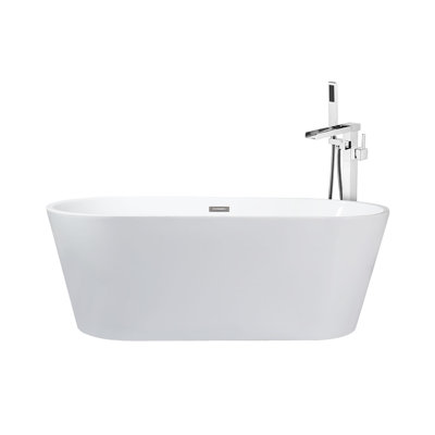 Melina 59 in White Freestanding Acrylic Flatbottom Soaking Bathtub with Chrome Hardware and Cascata Tub Filler