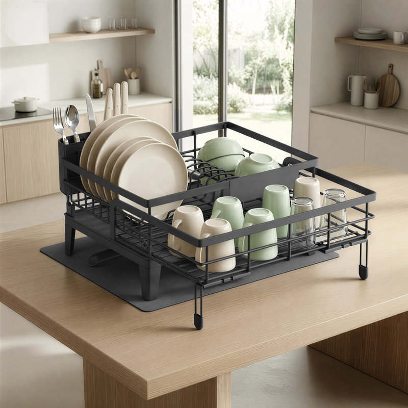 Égouttoir à vaisselle, séchoir à vaisselle avec bec rotatif et extensible à 360 °, pour assiettes, verres, couverts, noir