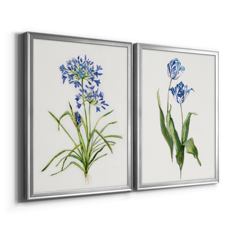 Blue Botanical Prints with Silver Frames, Set of 2