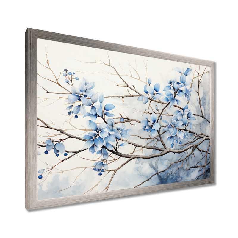 Art sur toile, feuilles bleues et grises, H 24 po x l 32 po x P 1 po, Cadre simple argenté