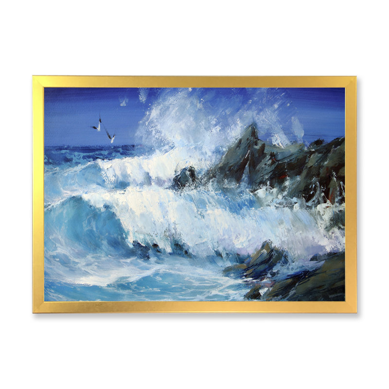 «Wave and Sea Gulls III», reproduction sur toile, H 12 po x l 20 po x P 1 po, Cadre doré