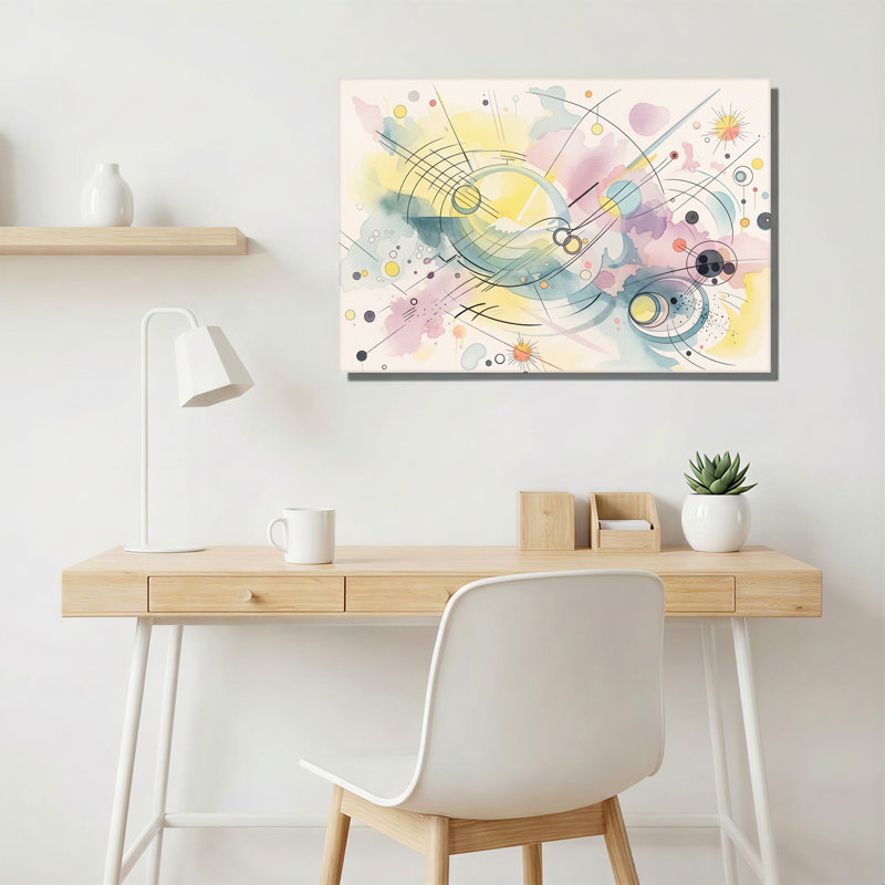 Aquarelle abstraite, cercles et lignes aux couleurs pastel, H 32 po x l 48 po