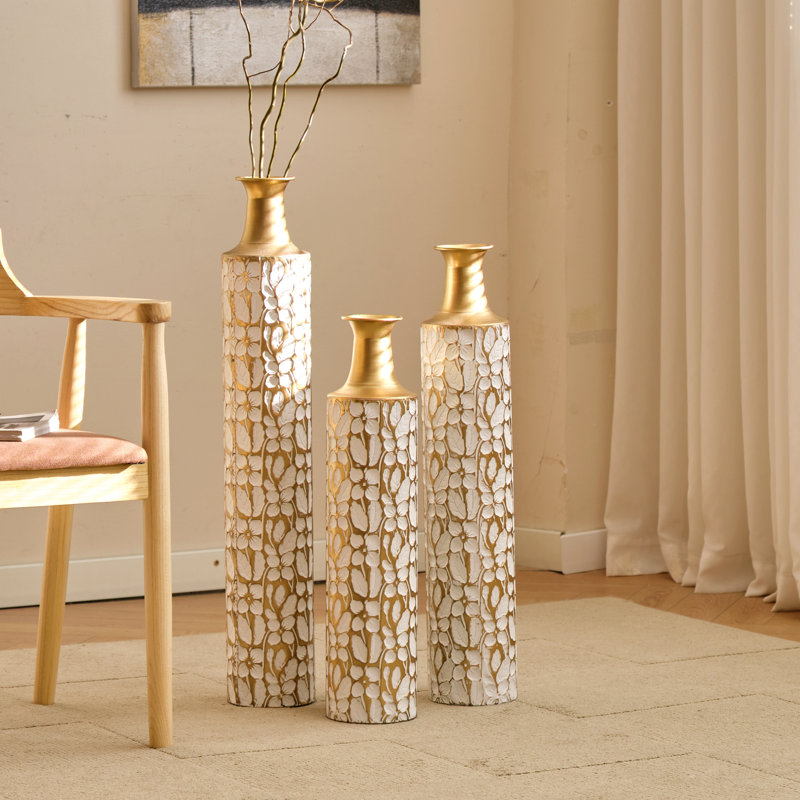 Decorative Metal Vases Set Of 3, 24/28/32.3 Inch Gold Leaf Pattern Floor Vases, White & Gold Tall Vases For Home Decor, Living Room Entryway Decor (5.31In Base Width)