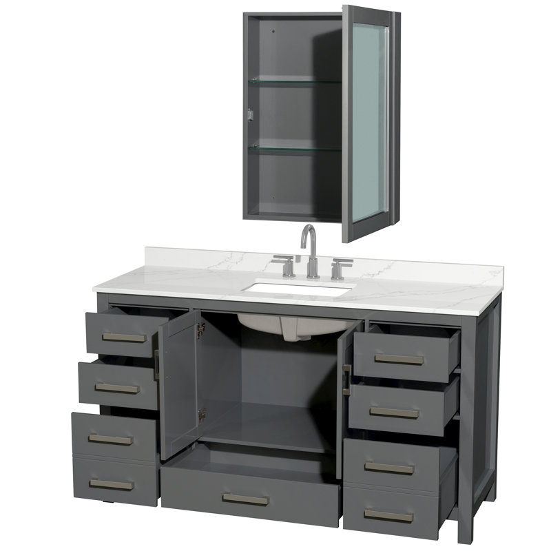 Sheffield 60" Freestanding Single Bathroom Vanity with Quartz Top with Medicine Cabinet, Giotto Quartz, Dark Gray, Chrome