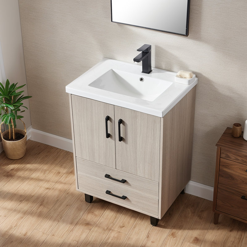 24" Free-standing Modern Oak Single Bathroom Vanity With Ceramic Top