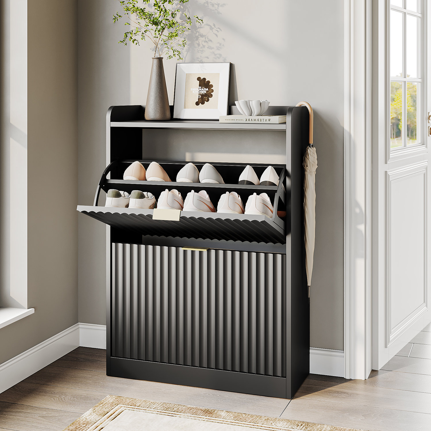 12 Pair Shoe Cabinet With 2 Flip Drawers, 4-Tier Shoe Organizer With Adjustable Shelves,Black - Black