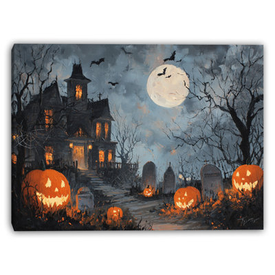 Creepy House and Jack O Lanterns Wrapped Canvas Wall Art