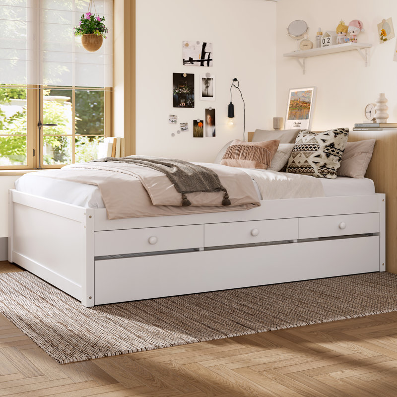 Full Platform Bed with Pull-Out Trundle, 2 Storage Drawers, Solid Wood Frame with Built-in Power Strip,White, White, Full