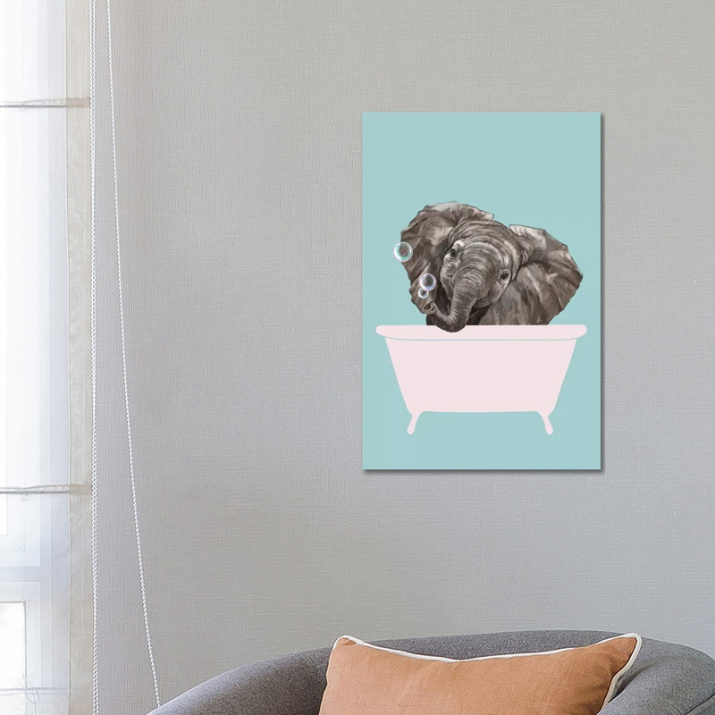 Baby Elephant In Bathtub by Big Nose Work - Wrapped Canvas Print, 20.32 cm H x 30.48 cm W