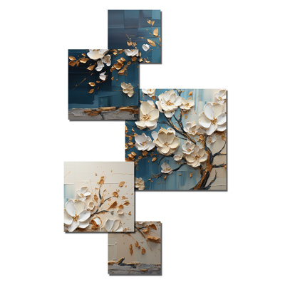 Orchidée bleue et blanche Golden Of Branches III - ensemble d'art mural carré en forme d'arbre de 5