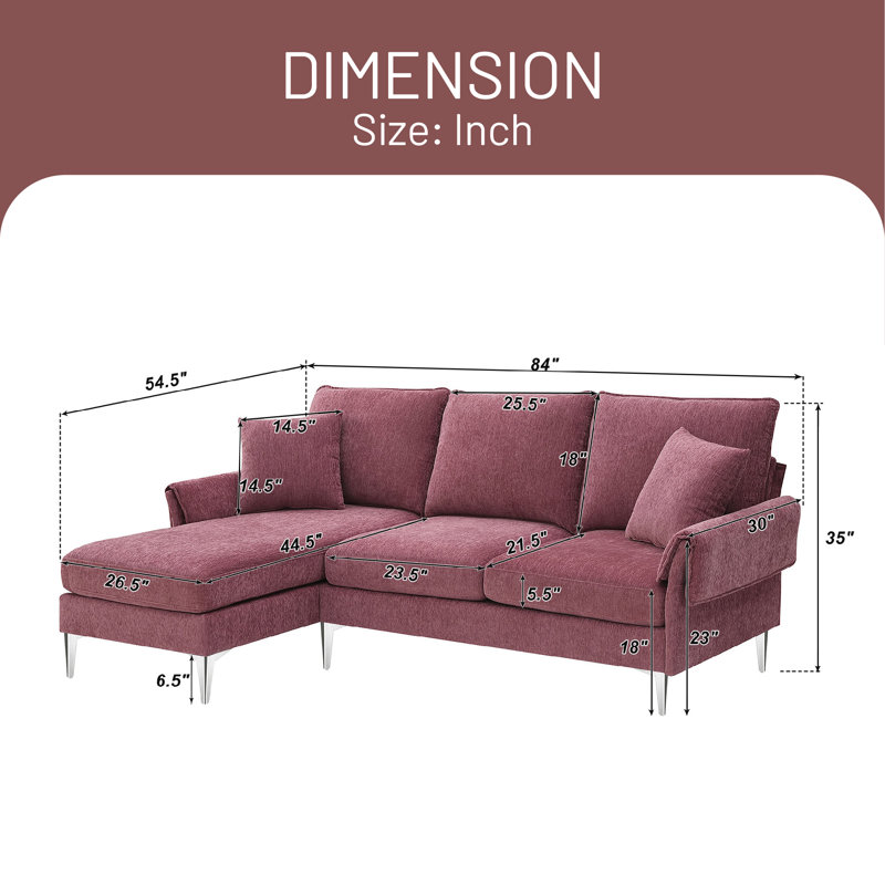 Upholstered L-Shaped Sectional Reversible, Pink Polyester