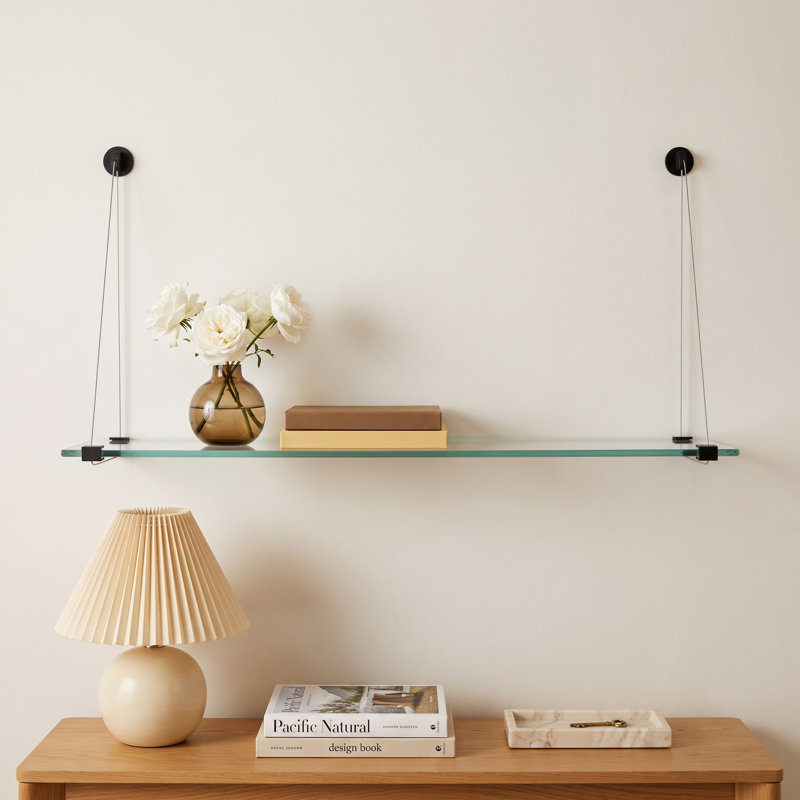 Earlham Tempered Glass Wall-Mounted Bracket Shelf, 18" H x 36" W x 6.5" D, Black