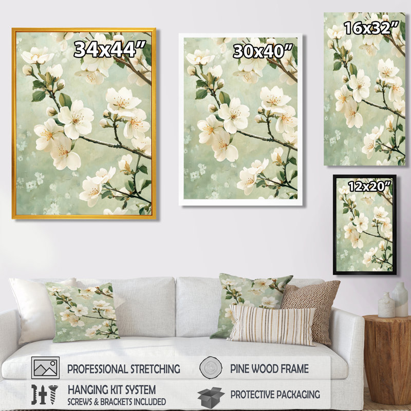 Fleurs de cerisier blanches printanières - Art mural fleur de cerisier, Noir, Impression encadrée flottante