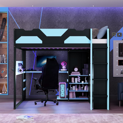 Lit mezzanine double nuage bleu avec bureau réglable, bande à DEL, charge et rangement pour un jeu - Inspiré de la chambre à coucher