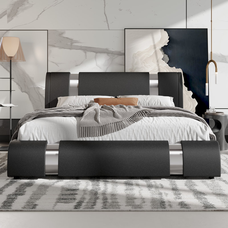 Platform Bed Frame With Iron Pieces Decor And Adjustable Headboard, Black, Queen