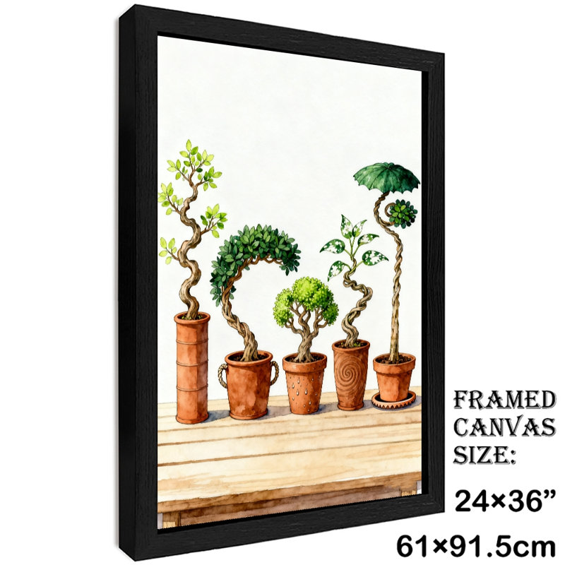 Reproduction d'art encadré noir avec quatre plantes de bonsaï de différentes formes, H 37 po x l 25 po