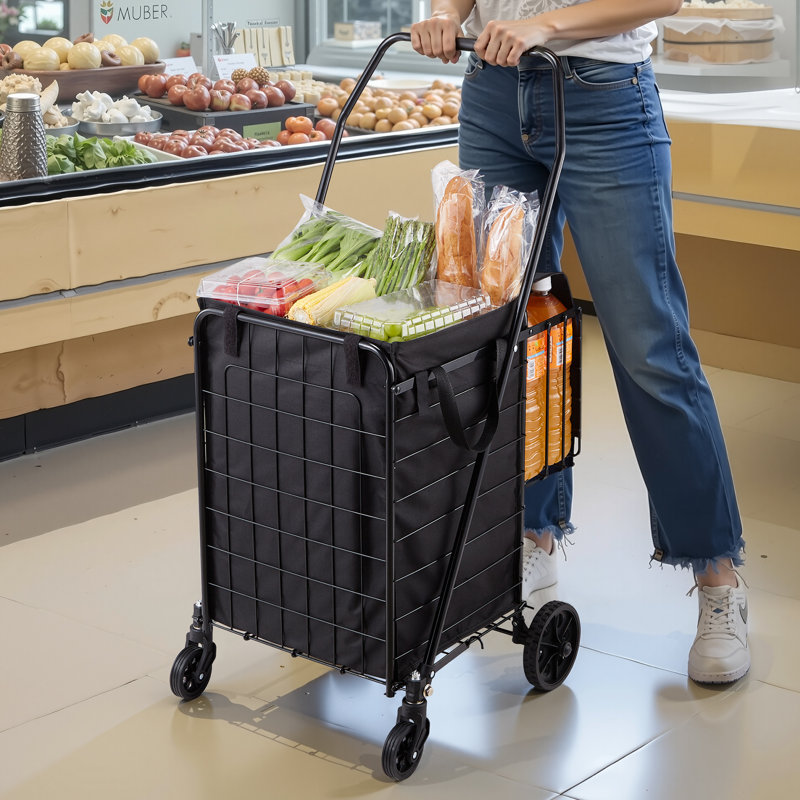 100 lbs Capacity Steel Folding Shopping Cart Black Foldable Design