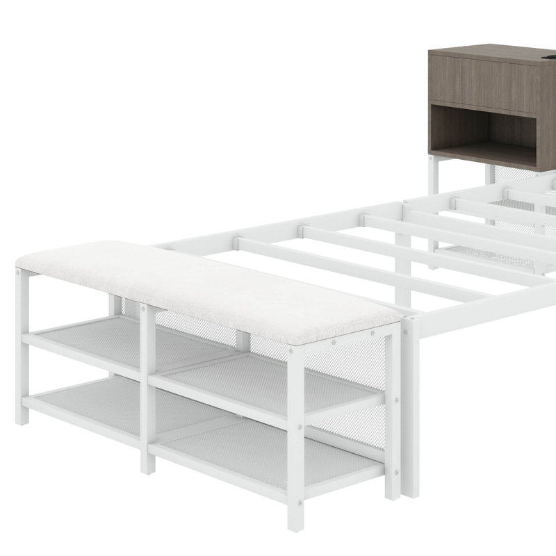 Lit plateforme en métal avec tablettes de rangement à deux niveaux, armoire de rangement en bois, White, Twin